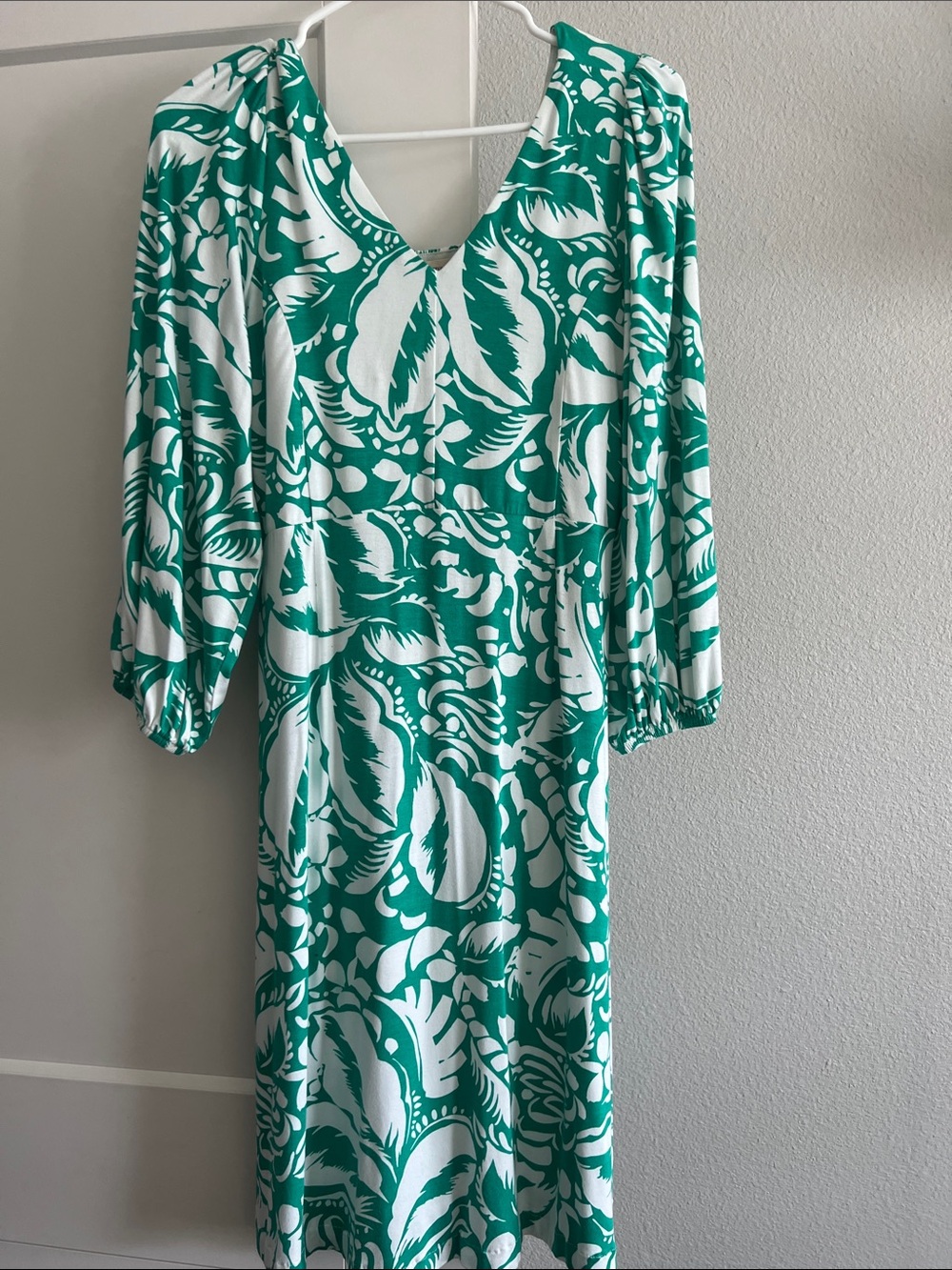 Soft Surroundings Green and White V-Neck Long Sleeve Printed Dress